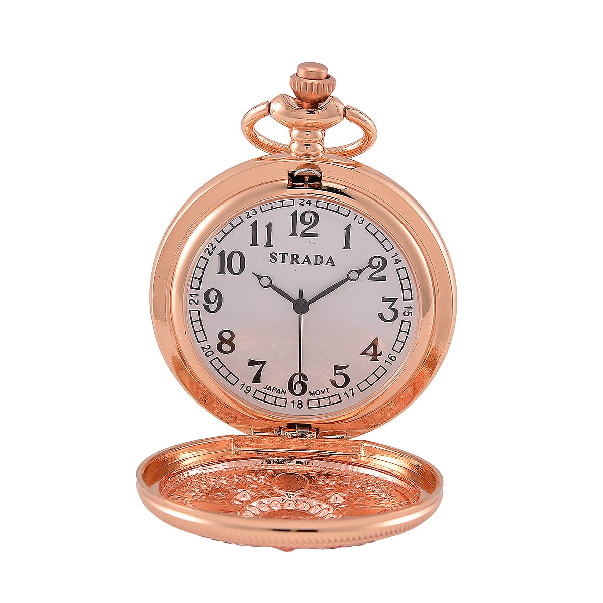 Strada Red Glass, Red and Blue Crystal Japanese Movement Caring Pattern Pocket Watch with Chain in Rosetone (31 Inches) image number 4
