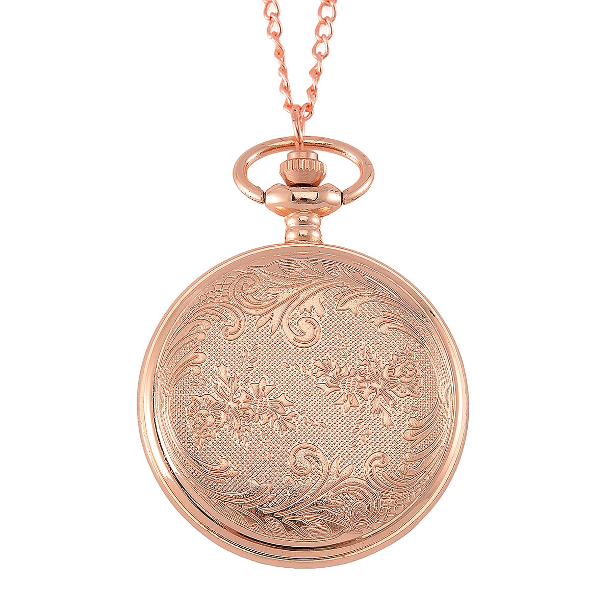 Strada Red Glass, Red and Blue Crystal Japanese Movement Caring Pattern Pocket Watch with Chain in Rosetone (31 Inches) image number 5