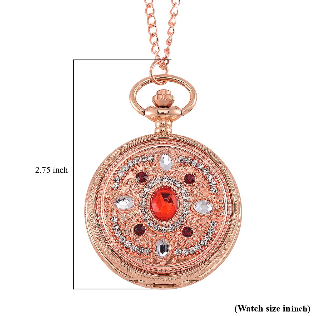 Strada Red Glass, Red and Blue Crystal Japanese Movement Caring Pattern Pocket Watch with Chain in Rosetone (31 Inches) image number 7