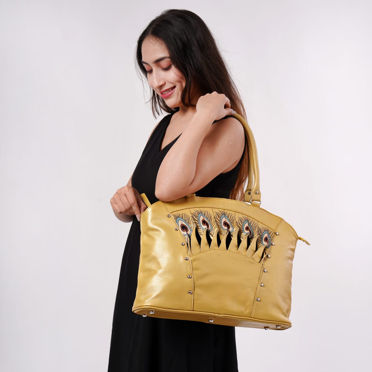 Metallic Golden Genuine Leather Digital Print Handbag image number 1