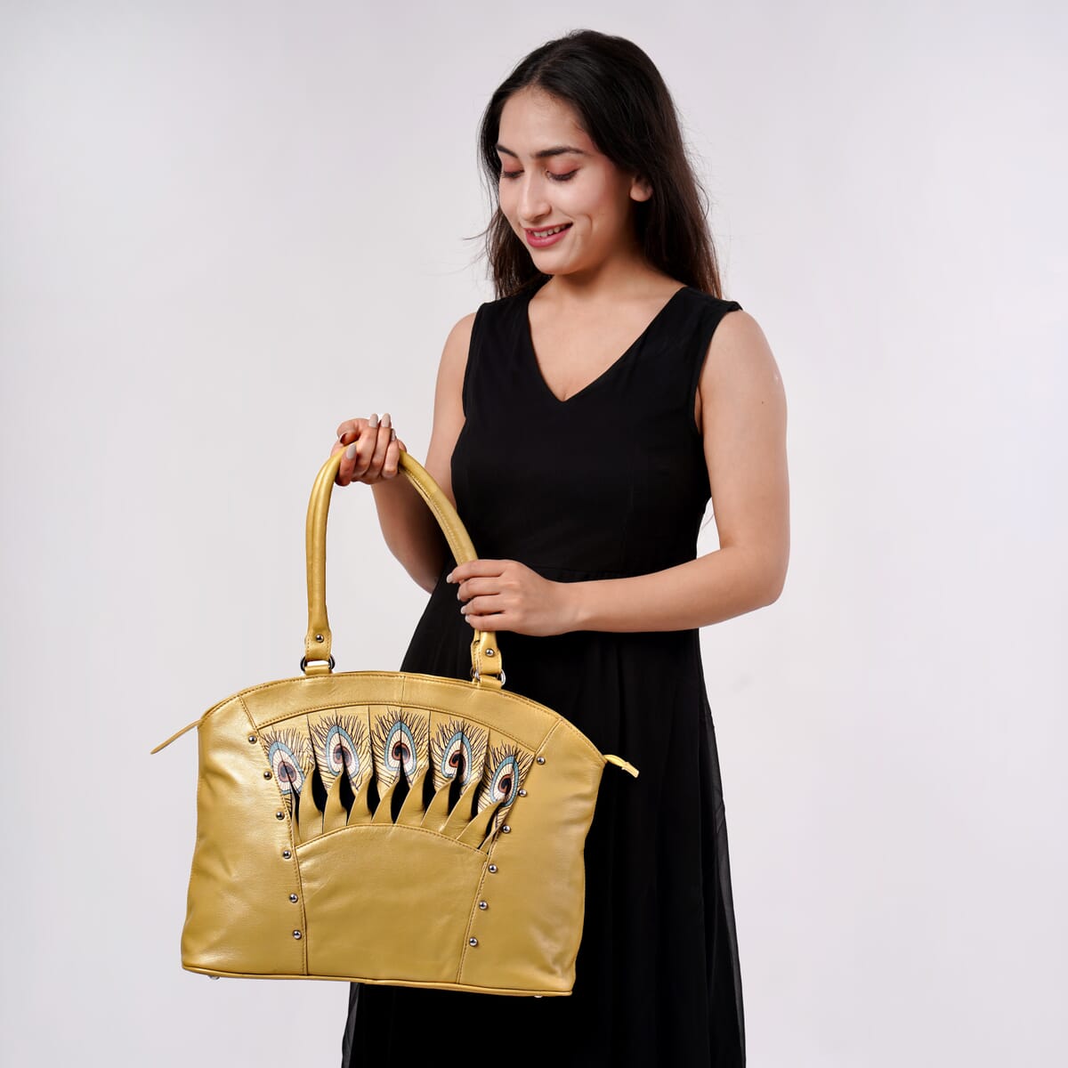 Metallic Golden Genuine Leather Digital Print Handbag image number 2