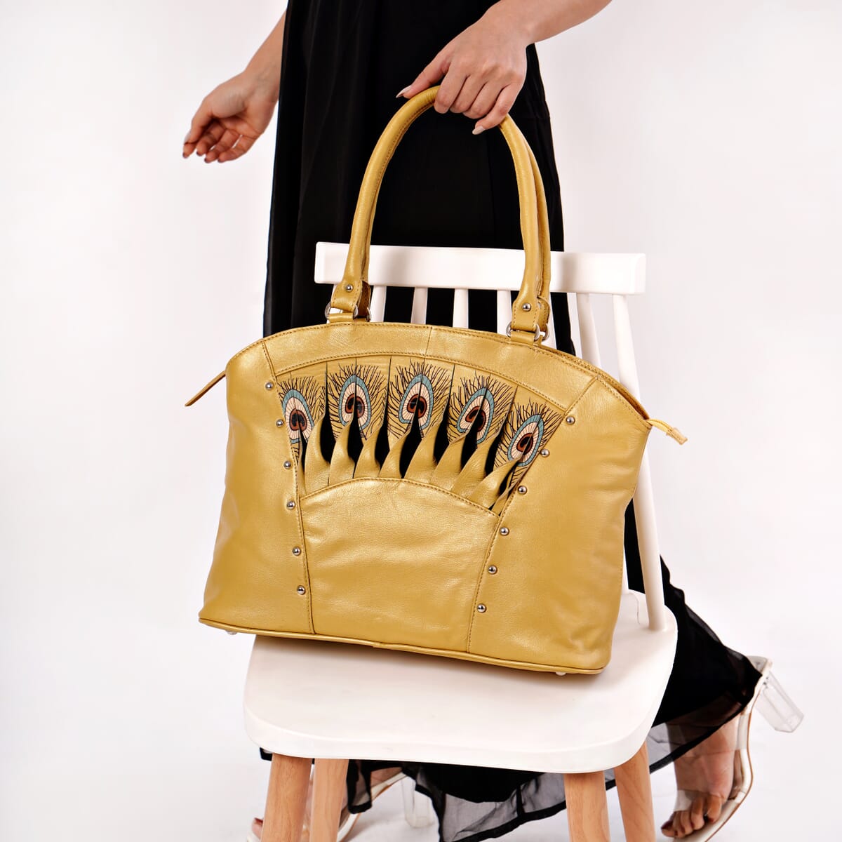 Metallic Golden Genuine Leather Digital Print Handbag image number 3