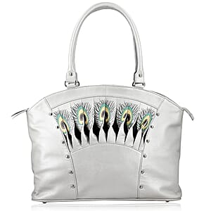 Metallic Silver Genuine Leather Digital Print Handbag