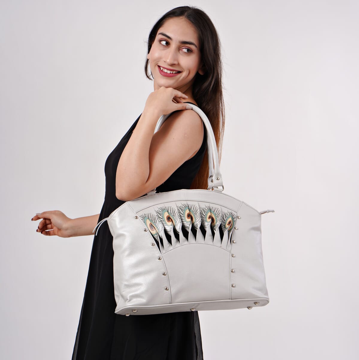 Metallic Silver Genuine Leather Digital Print Handbag image number 1