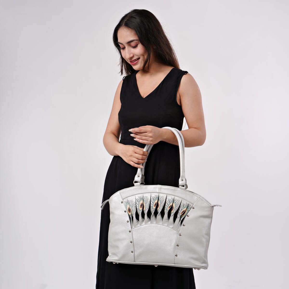 Metallic Silver Genuine Leather Digital Print Handbag image number 2