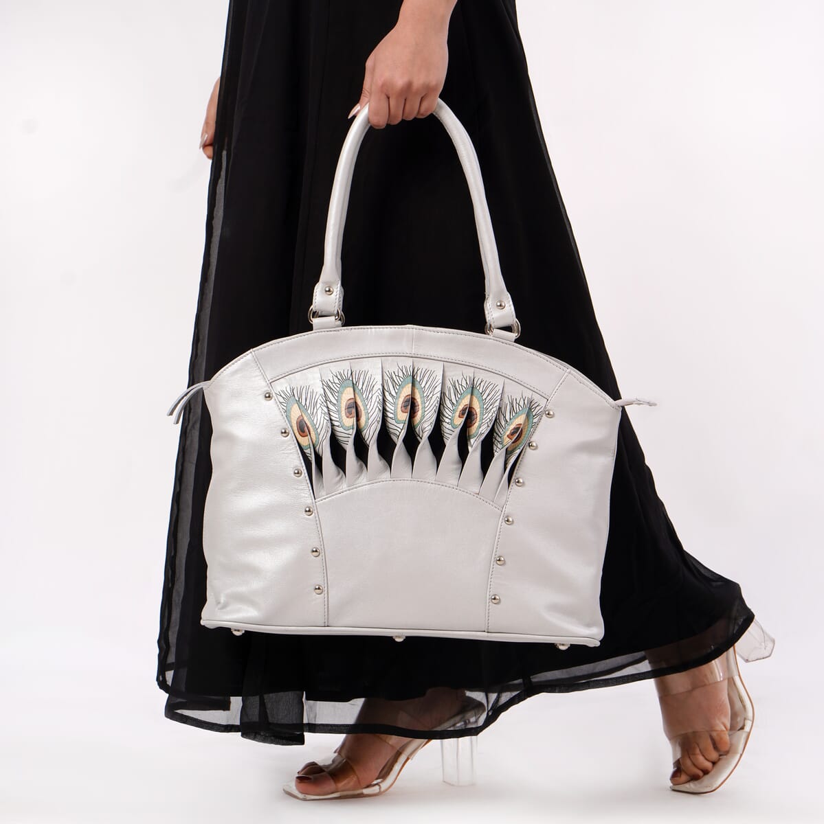 Metallic Silver Genuine Leather Digital Print Handbag image number 3