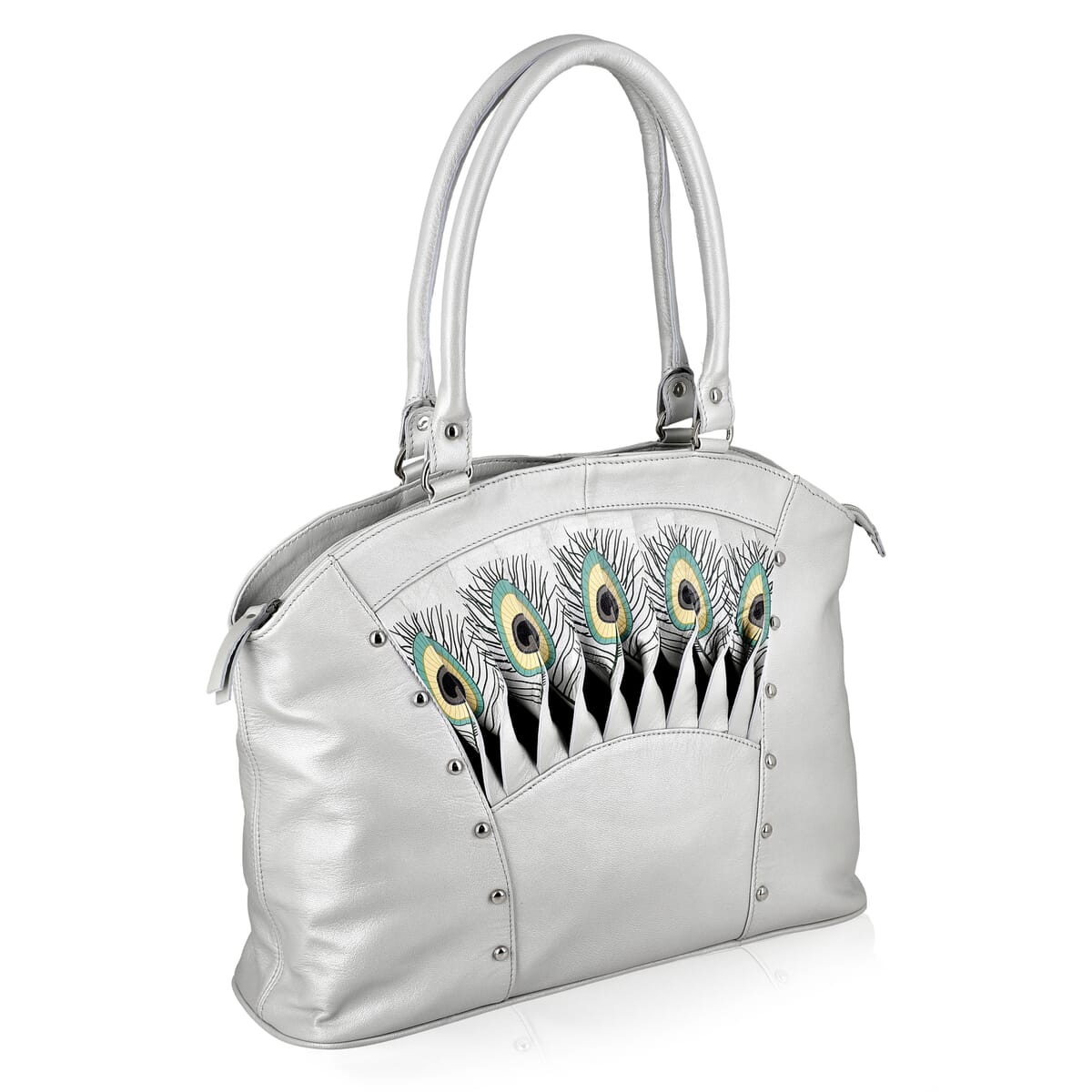 Metallic Silver Genuine Leather Digital Print Handbag image number 4