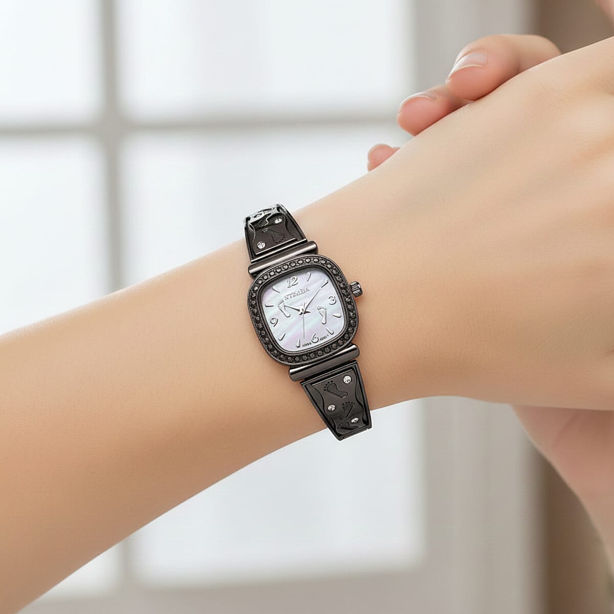 Foot Print in the Sand Strada Japanese Movement Simulated MOP Dial Watch in Black Silvertone and Stainless Steel image number 2