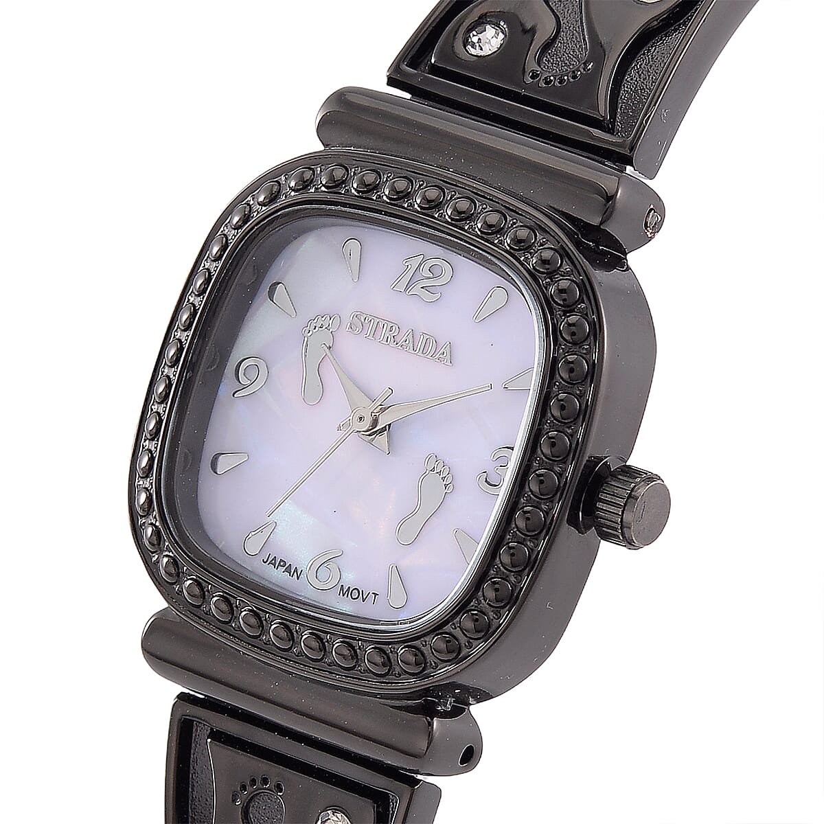 Foot Print in the Sand Strada Japanese Movement Simulated MOP Dial Watch in Black Silvertone and Stainless Steel image number 3