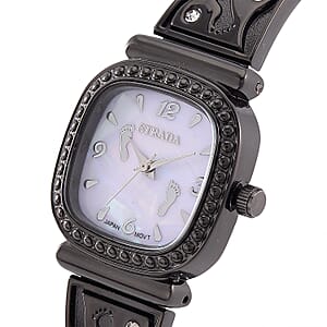 Foot Print in the Sand Strada Japanese Movement Simulated MOP Dial Watch in Black Silvertone and Stainless Steel