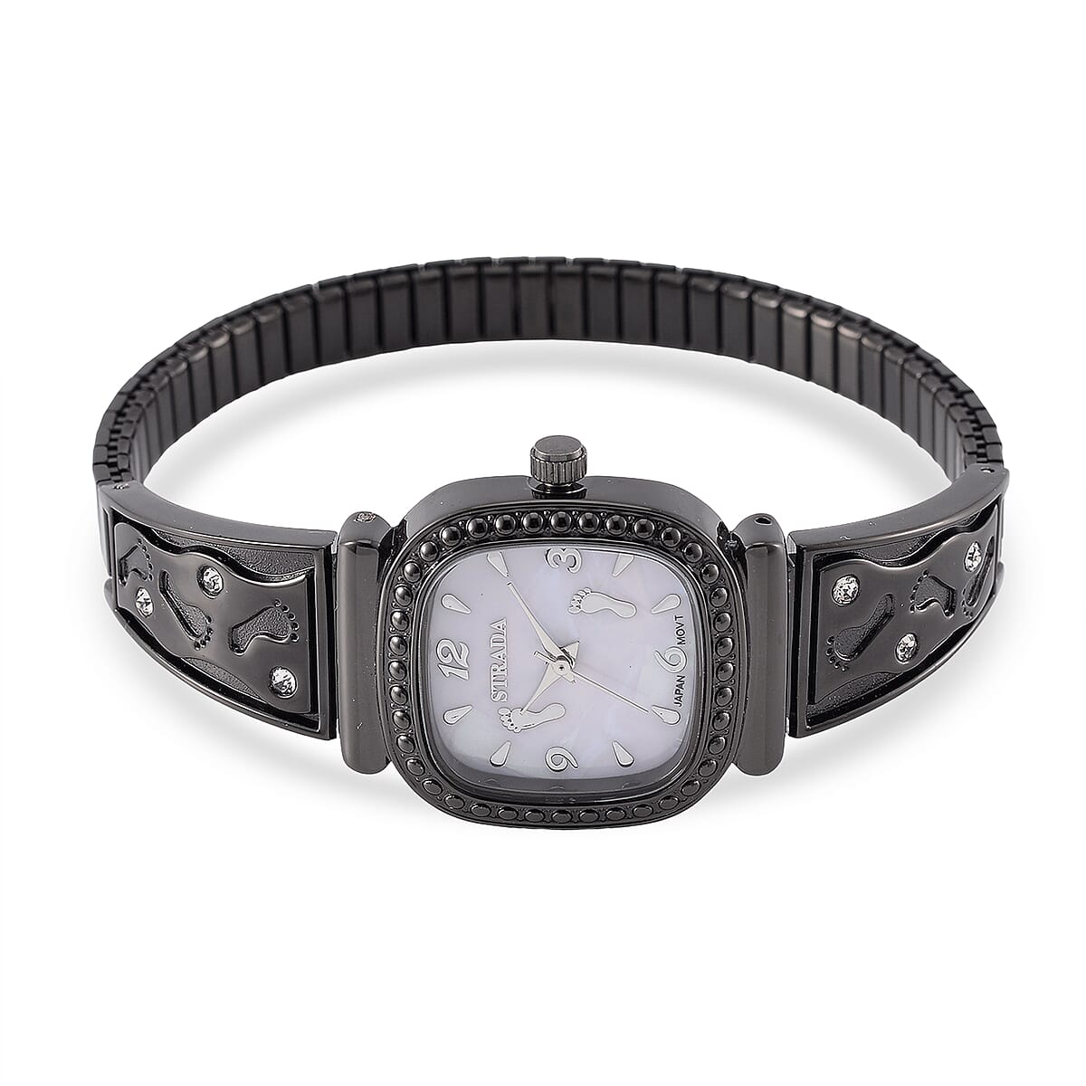 Foot Print in the Sand Strada Japanese Movement Simulated MOP Dial Watch in Black Silvertone and Stainless Steel image number 4