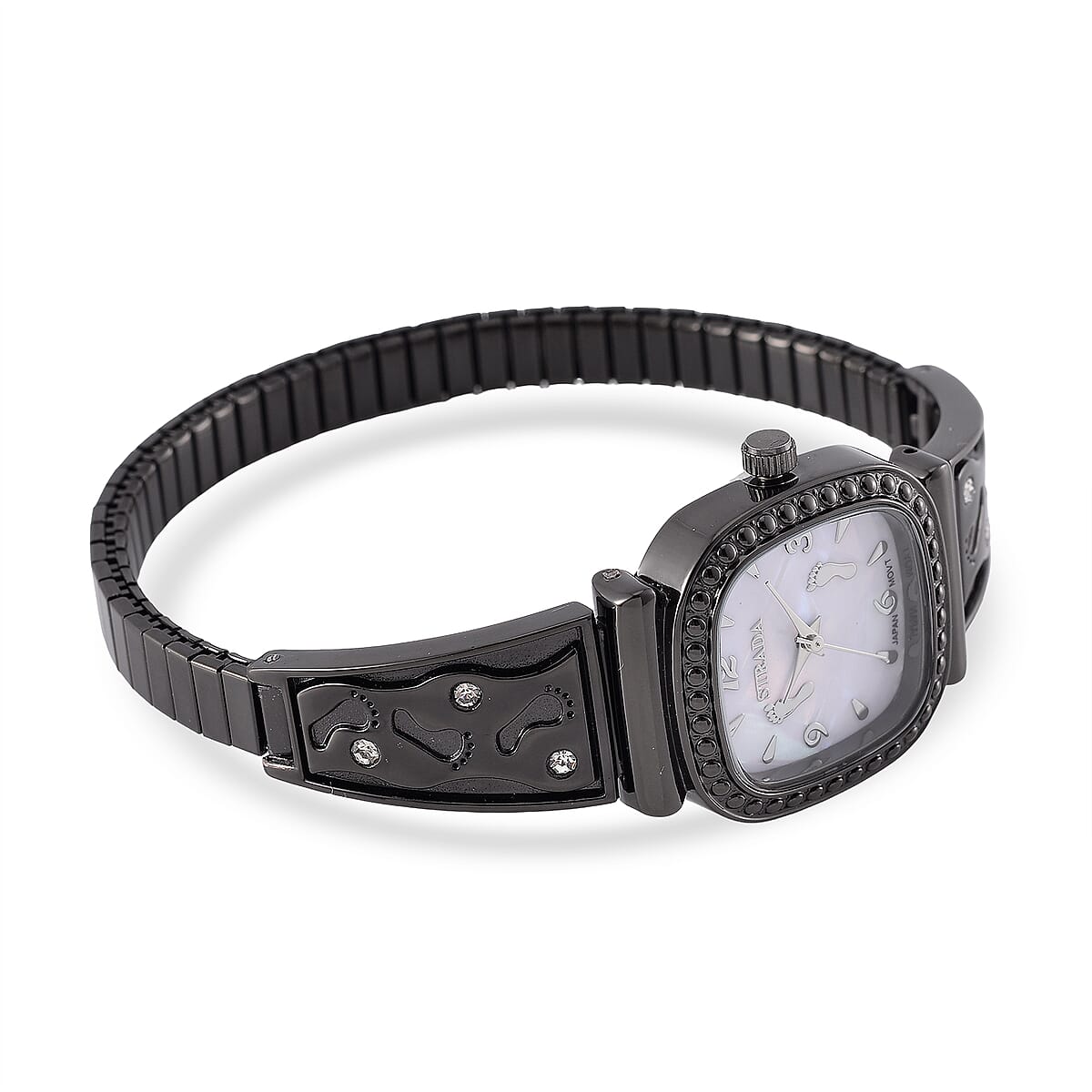 Foot Print in the Sand Strada Japanese Movement Simulated MOP Dial Watch in Black Silvertone and Stainless Steel image number 5