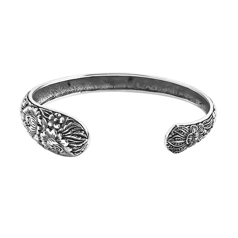 Bali Legacy Sterling Silver Frangipani Bangle Bracelet (7.25 In) 17.40 Grams