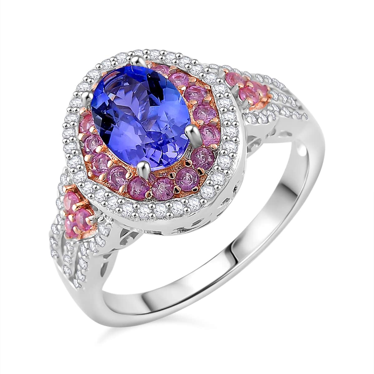 Tanzanite and Multi Gemstone 2.00 ctw Double Halo Ring in Vermeil RG and Rhodium Over Sterling Silver (Size 6.0) image number 0