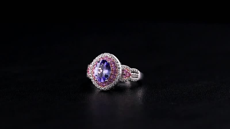TLV Tanzanite (Oval), Multi Gemstone Double Halo Ring in Vermeil RG and Rhodium Over Sterling Silver (Size 6.0) 2.00 ctw