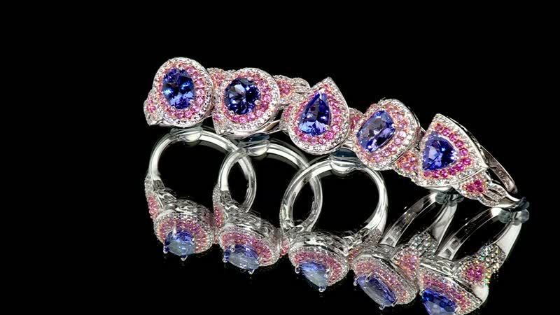 TLV Tanzanite (Oval), Multi Gemstone Double Halo Ring in Vermeil RG and Rhodium Over Sterling Silver (Size 6.0) 2.00 ctw