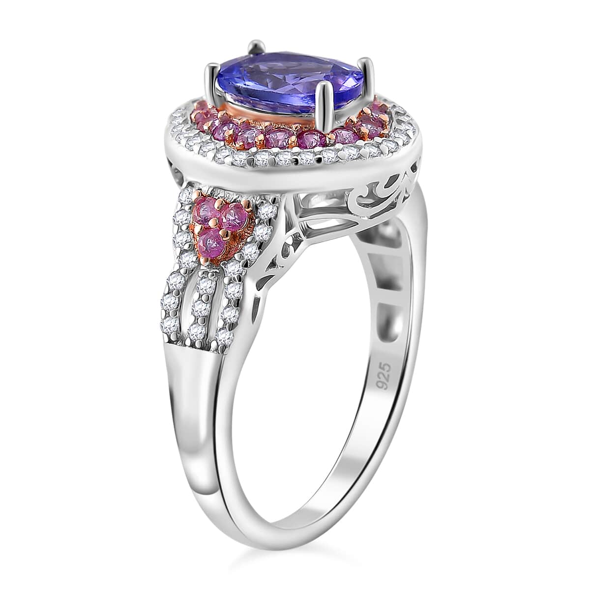 Tanzanite and Multi Gemstone 2.00 ctw Double Halo Ring in Vermeil RG and Rhodium Over Sterling Silver (Size 6.0) image number 2