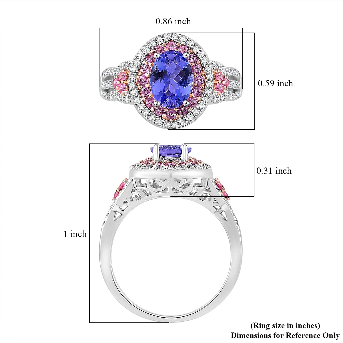 Tanzanite and Multi Gemstone 2.00 ctw Double Halo Ring in Vermeil RG and Rhodium Over Sterling Silver (Size 6.0)