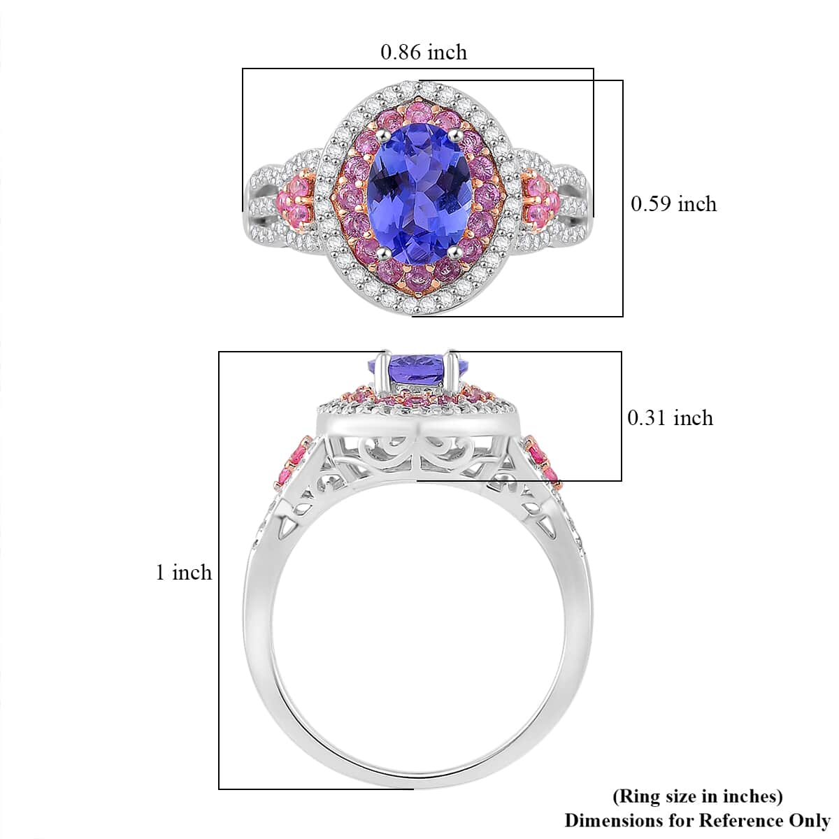 Tanzanite and Multi Gemstone 2.00 ctw Double Halo Ring in Vermeil RG and Rhodium Over Sterling Silver (Size 6.0) image number 4