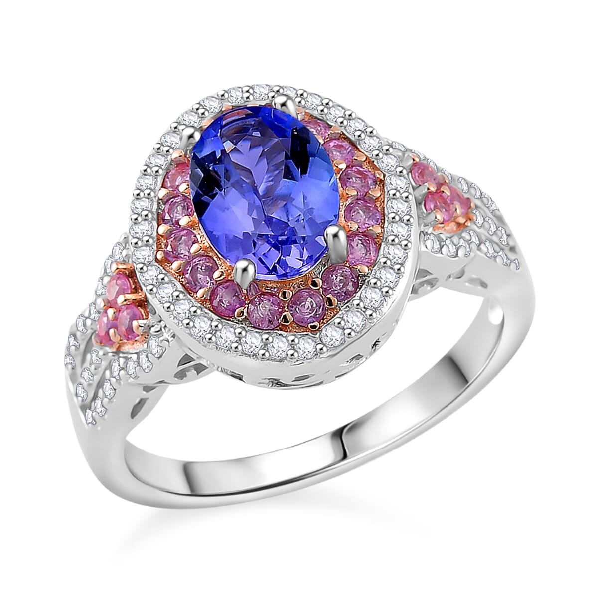 Tanzanite and Multi Gemstone 2.00 ctw Double Halo Ring in Vermeil RG and Rhodium Over Sterling Silver (Size 8.0) image number 0