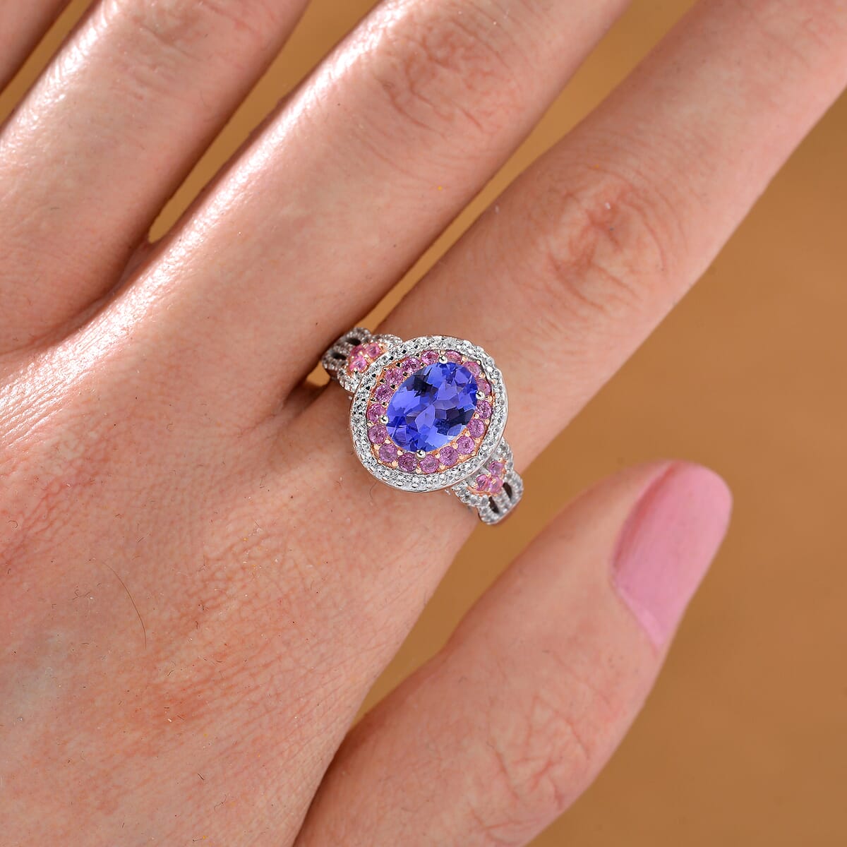 Tanzanite and Multi Gemstone 2.00 ctw Double Halo Ring in Vermeil RG and Rhodium Over Sterling Silver (Size 8.0) image number 1