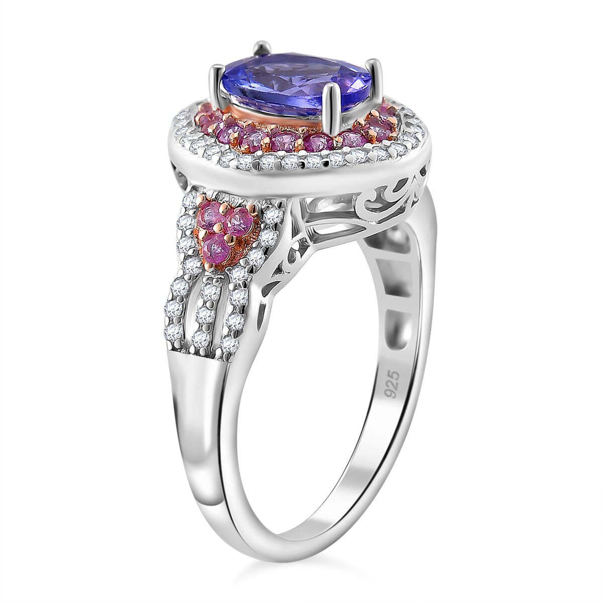 Tanzanite and Multi Gemstone 2.00 ctw Double Halo Ring in Vermeil RG and Rhodium Over Sterling Silver (Size 8.0) image number 2
