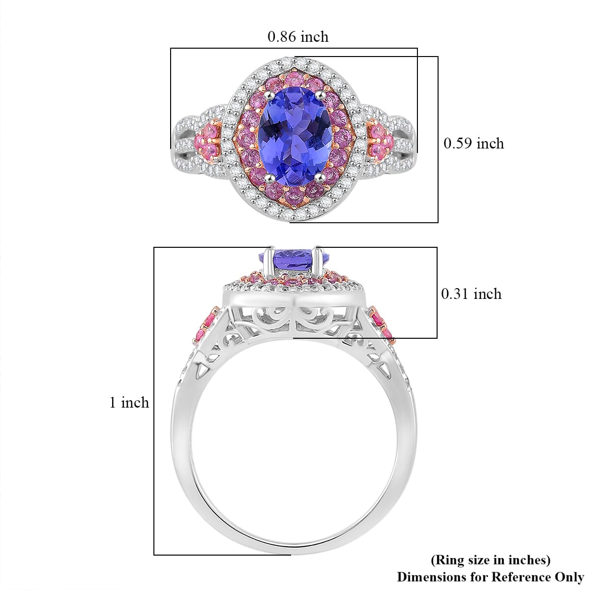 Tanzanite and Multi Gemstone 2.00 ctw Double Halo Ring in Vermeil RG and Rhodium Over Sterling Silver (Size 8.0) image number 4