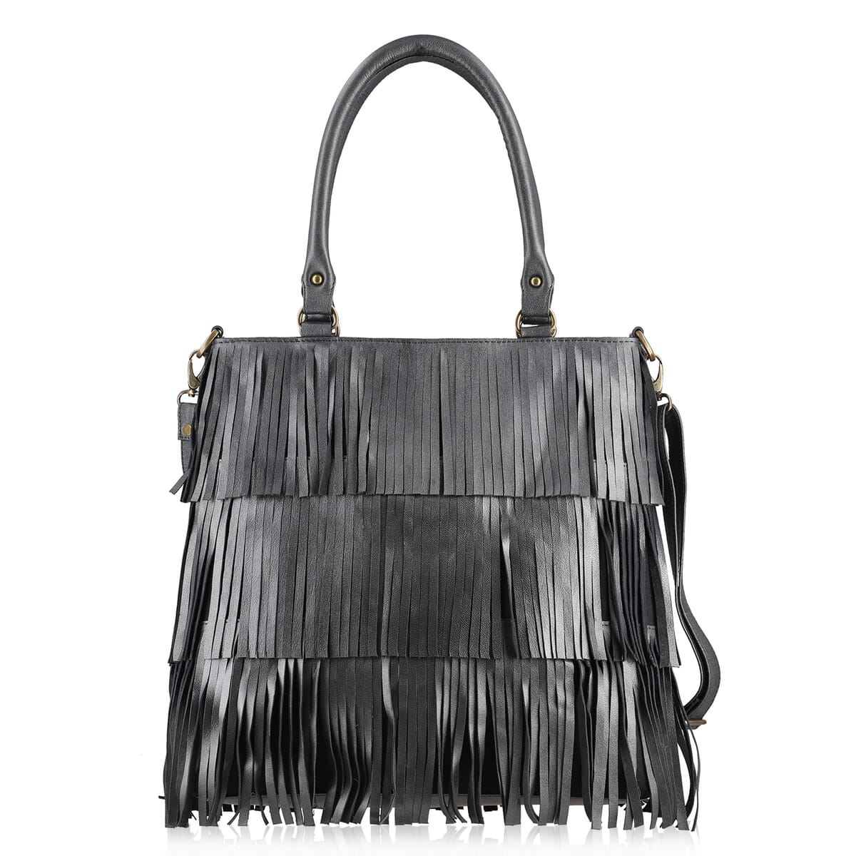 Metallic Black Genuine Leather In Metallic Look Fringes Tote Bag image number 0