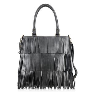 Metallic Black Genuine Leather In Metallic Look Fringes Tote Bag