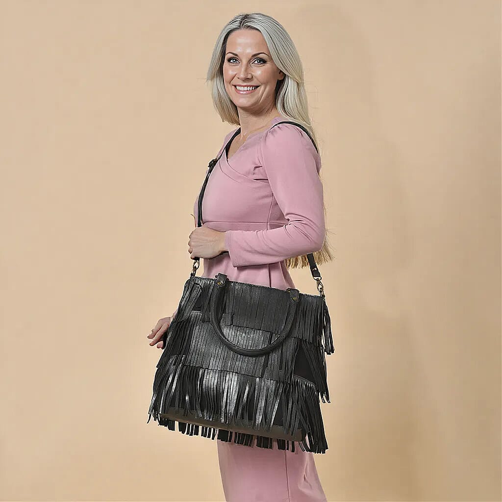 Buy Metallic Black Genuine Leather In Metallic Look Fringes Tote