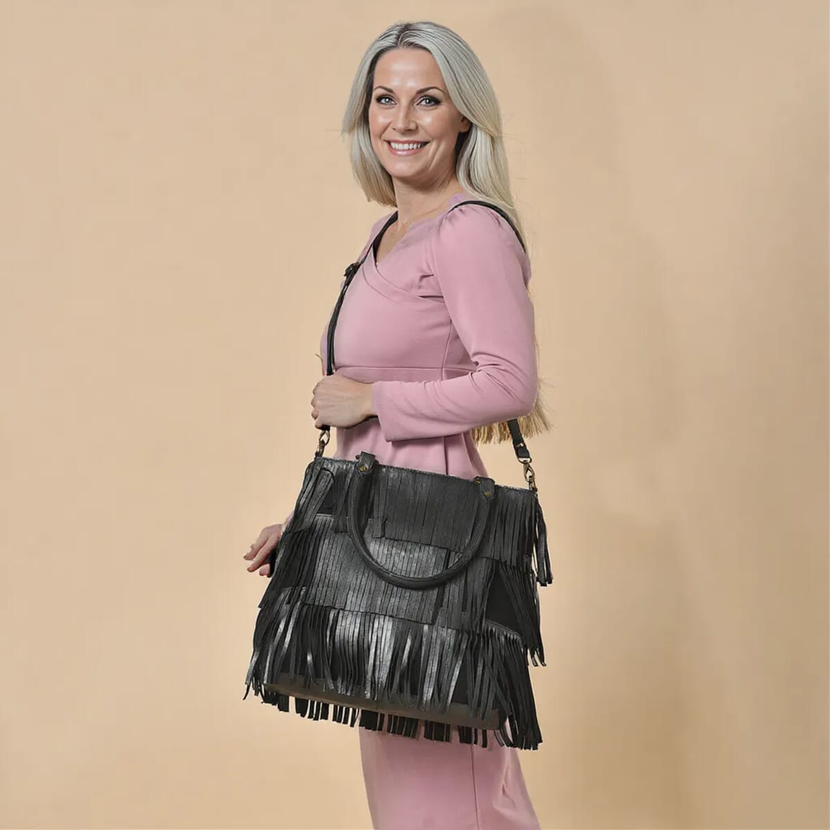 Metallic Black Genuine Leather In Metallic Look Fringes Tote Bag image number 1