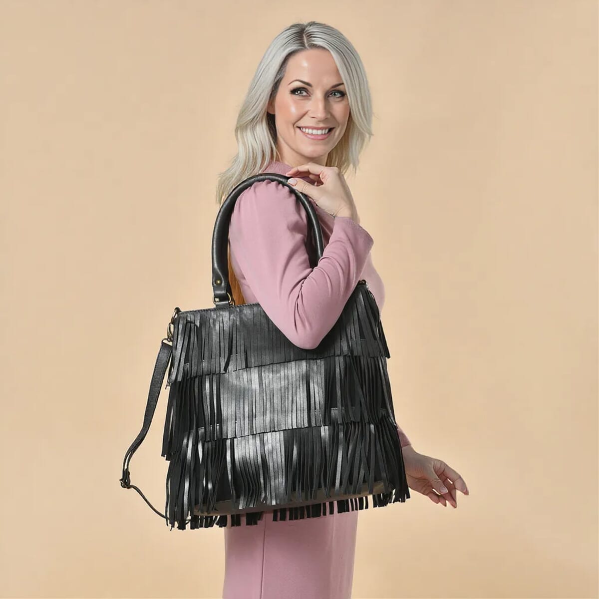 Metallic Black Genuine Leather In Metallic Look Fringes Tote Bag image number 2