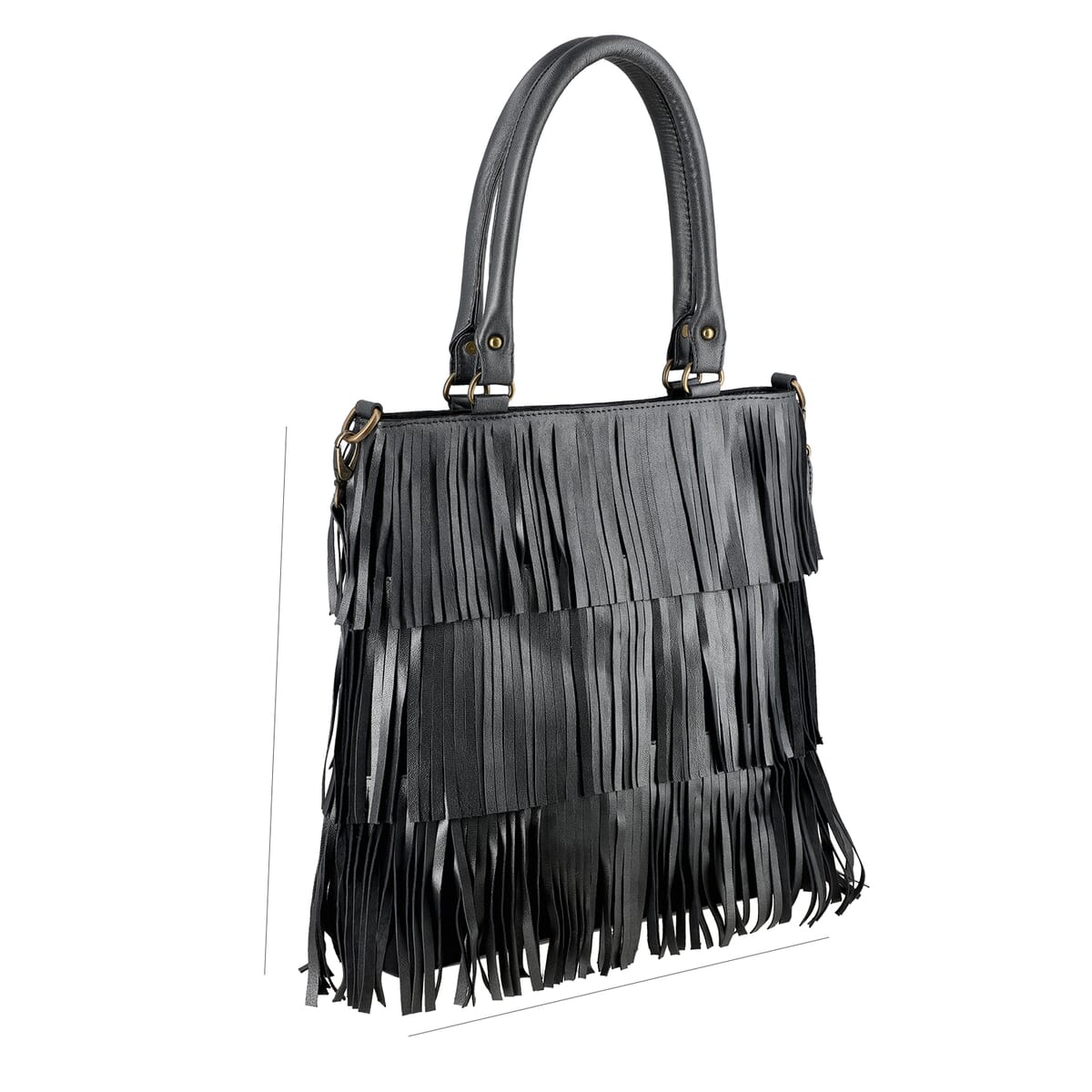Metallic Black Genuine Leather In Metallic Look Fringes Tote Bag image number 4
