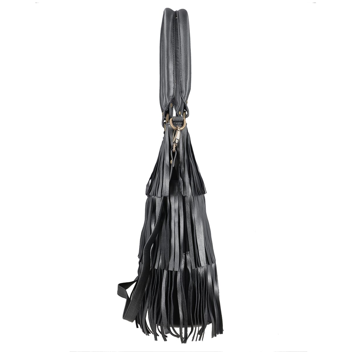 Metallic Black Genuine Leather In Metallic Look Fringes Tote Bag image number 5