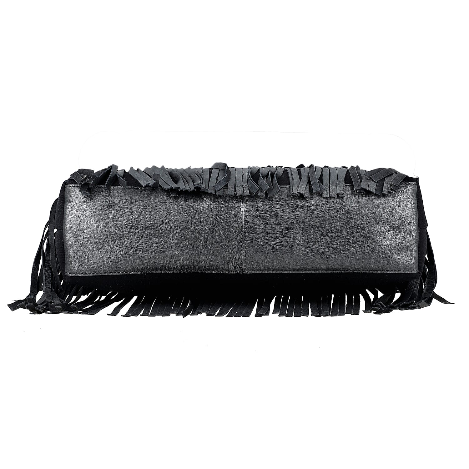 Buy Metallic Black Genuine Leather In Metallic Look Fringes Tote