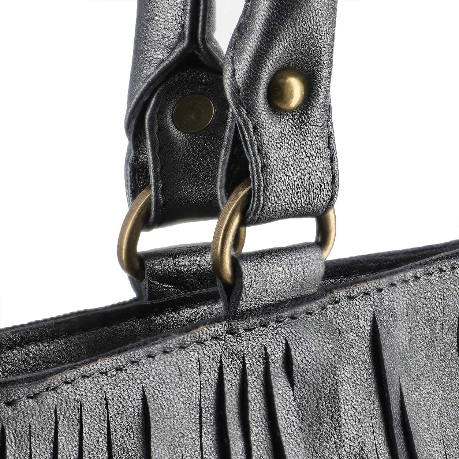 Buy Metallic Black Genuine Leather In Metallic Look Fringes Tote