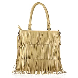 Golden Genuine Leather In Metallic Look Fringes Tote Bag