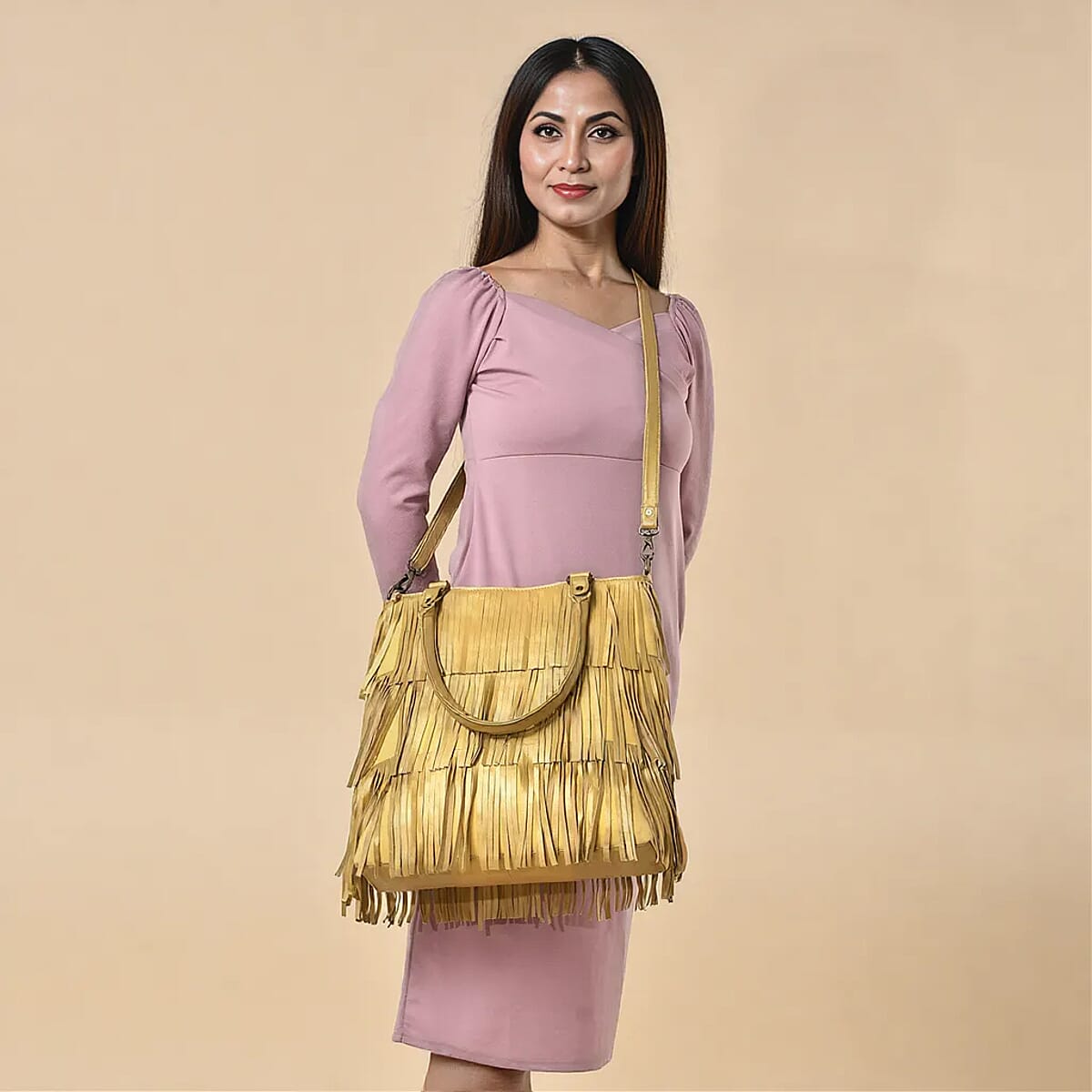 Golden Genuine Leather In Metallic Look Fringes Tote Bag image number 1