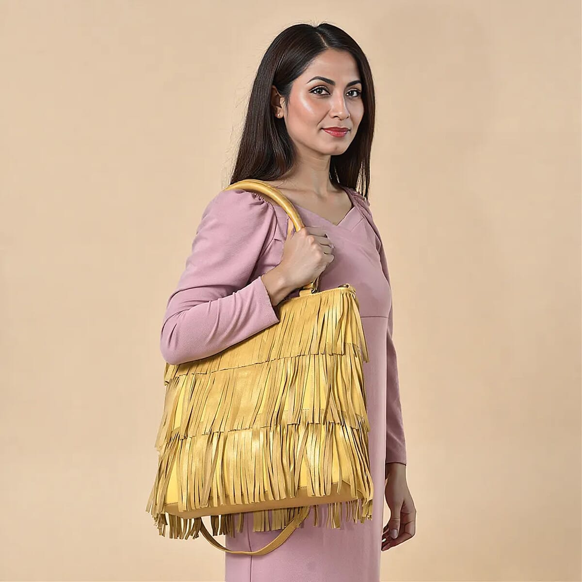 Golden Genuine Leather In Metallic Look Fringes Tote Bag image number 2