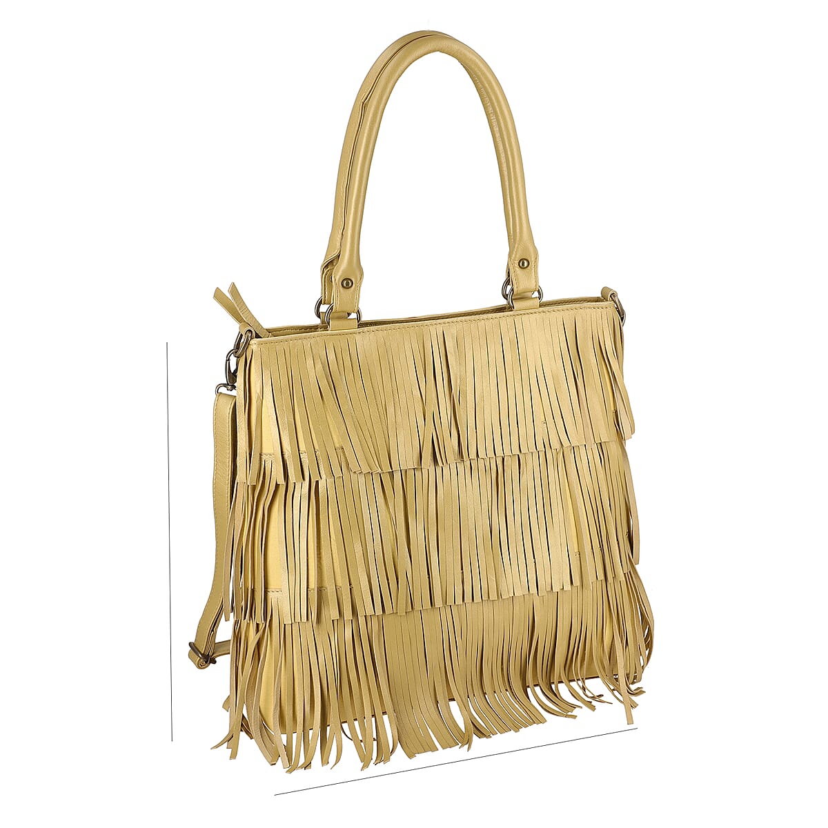 Golden Genuine Leather In Metallic Look Fringes Tote Bag image number 4