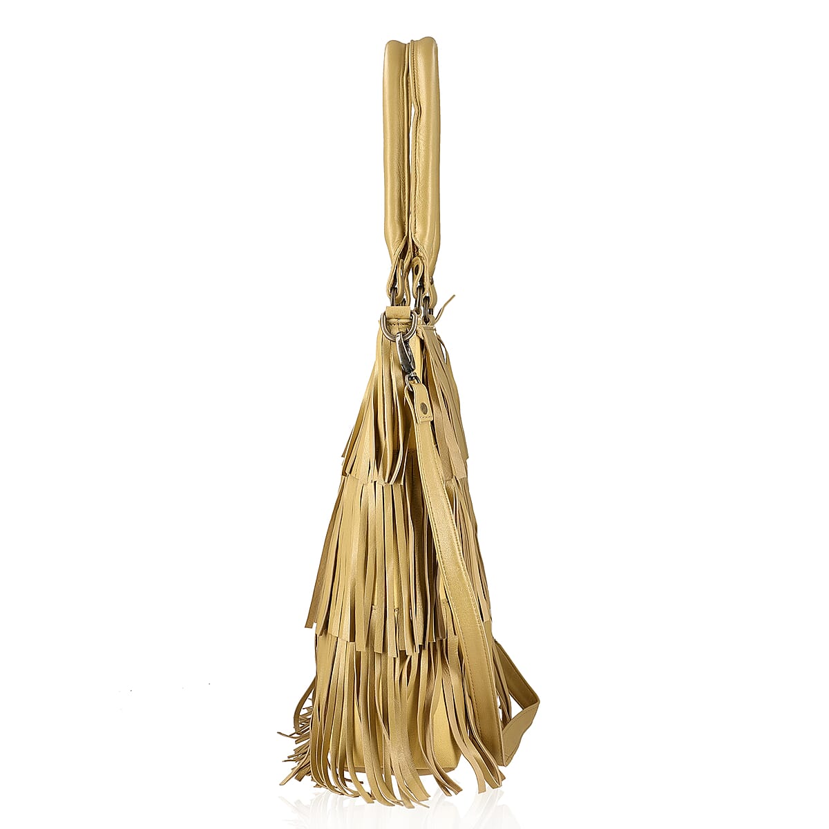 Golden Genuine Leather In Metallic Look Fringes Tote Bag image number 5