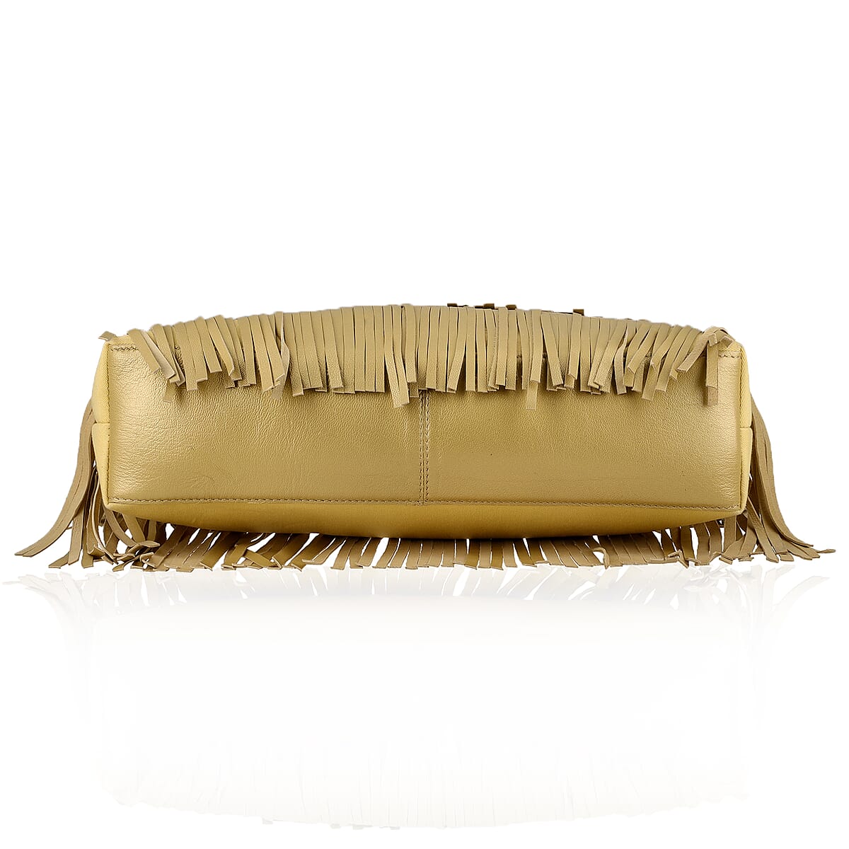 Golden Genuine Leather In Metallic Look Fringes Tote Bag image number 6