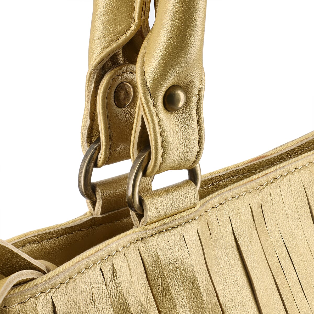 Golden Genuine Leather In Metallic Look Fringes Tote Bag image number 8