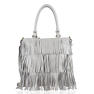 Silver Genuine Leather In Metallic Look Fringes Tote Bag