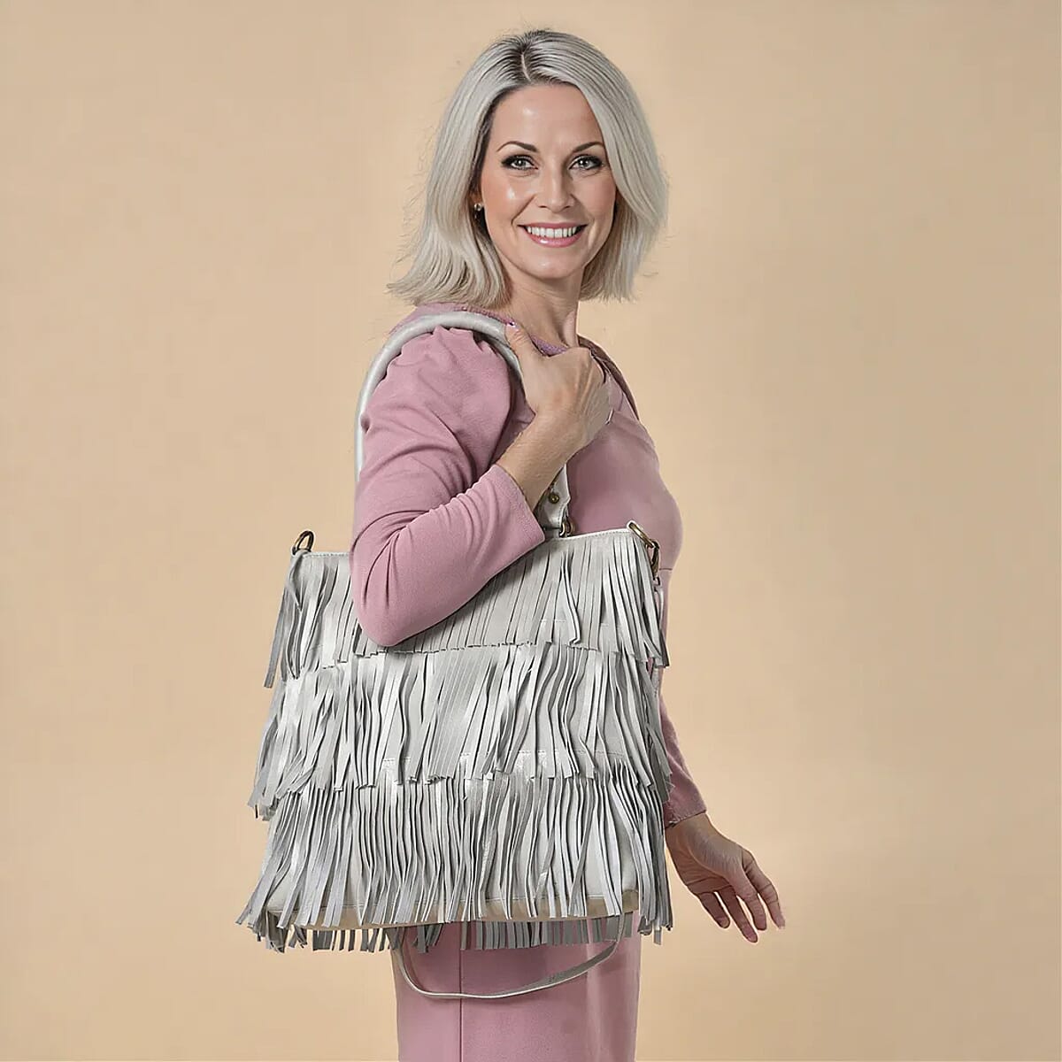 Silver Genuine Leather In Metallic Look Fringes Tote Bag image number 1