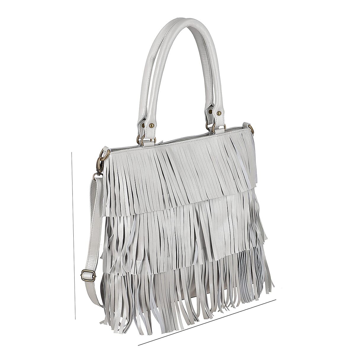Silver Genuine Leather In Metallic Look Fringes Tote Bag image number 4