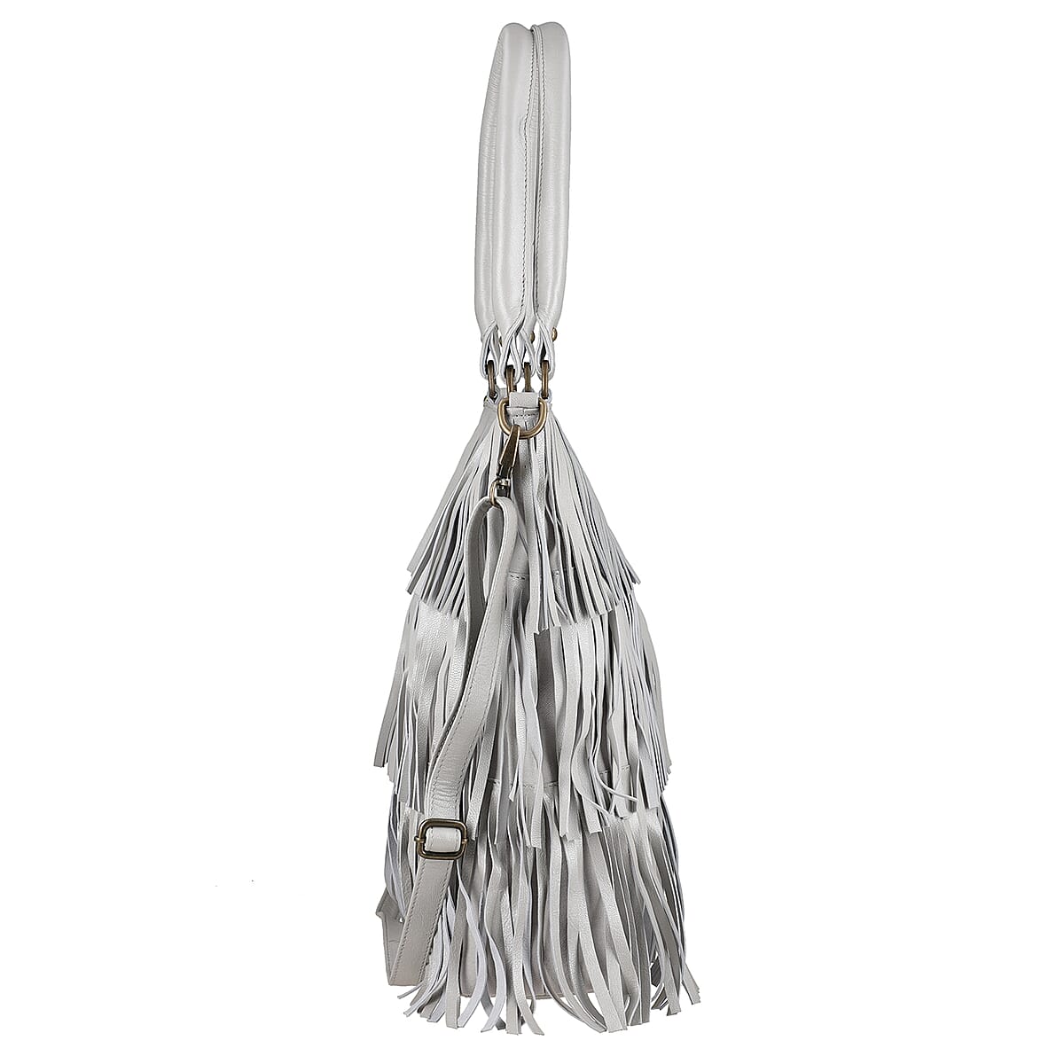Silver Genuine Leather In Metallic Look Fringes Tote Bag image number 5