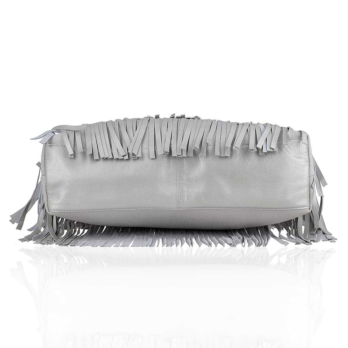 Silver Genuine Leather In Metallic Look Fringes Tote Bag image number 6