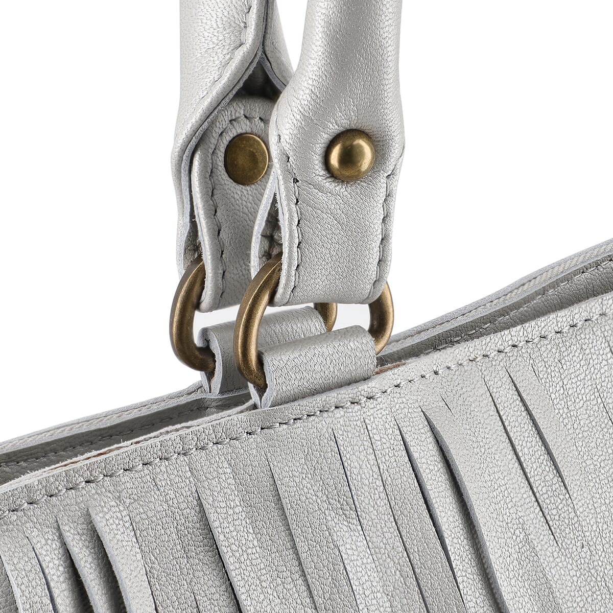 Silver Genuine Leather In Metallic Look Fringes Tote Bag image number 8