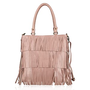 Pink Genuine Leather In Metallic Look Fringes Tote Bag